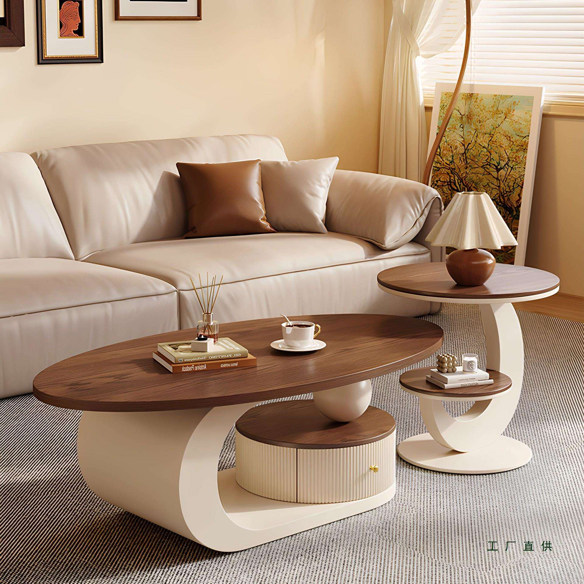 2025年新款椭圆形茶几现代简约中古风小户型客厅家用胡桃木色边几