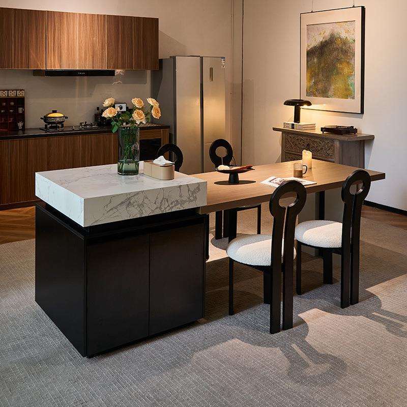 意式简约白色岩板岛台餐桌一体小户型家用多功能可伸缩厨房中岛台