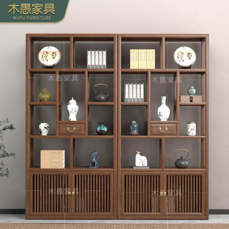 新中式实木置物博古架胡桃木客厅古董展示架书房办公陈列柜组合