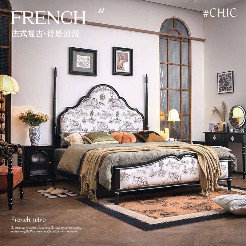 法式复古实木床卧室1米8绒布印花软靠床中古风小户型双人大床婚床