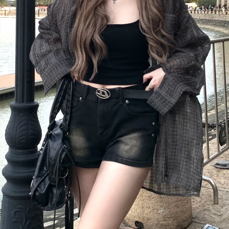 夏装搭配一整套女大码胖mm设计感防晒衬衫外套牛仔短裙裤两件套装