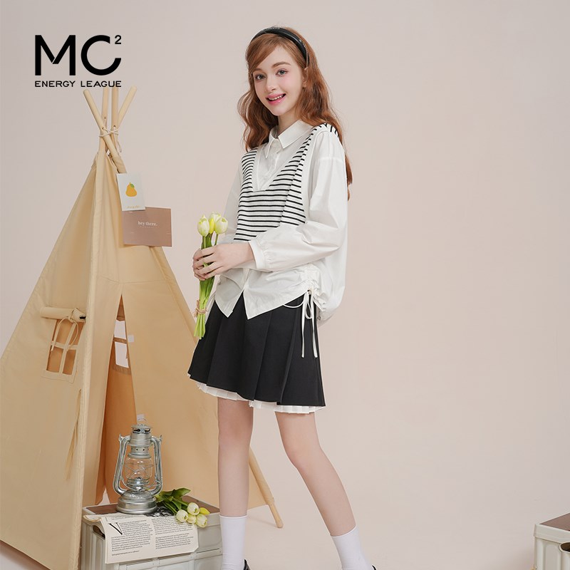 mc2撞色翻领条纹假两件白衬衫女装2024春秋新款拼接抽绳长袖上衣