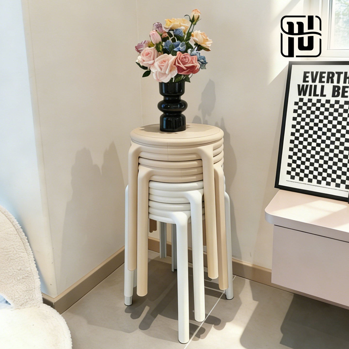 家用结实耐用软包可叠放塑料凳子轻奢高级感圆客厅待客备用堆叠凳,住宅家具,其它凳子,淘宝优惠券,粉丝福利购,淘宝优惠卷