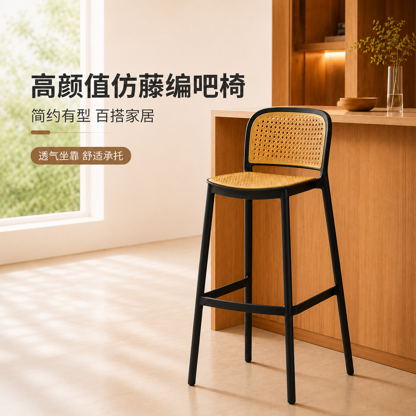 新中式仿藤面极简可叠放吧台椅图片