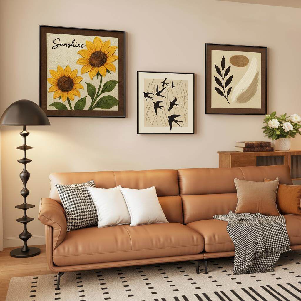 客厅装饰画组合中古风向日葵复古卧室床头三联壁画沙发背景墙挂画