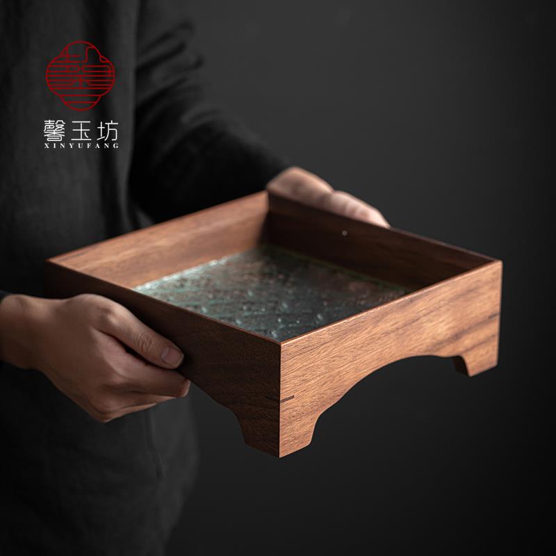 复古海棠花玻璃托水盘用高脚茶盘收胡桃木实木安宜胡桃果点心纳盘