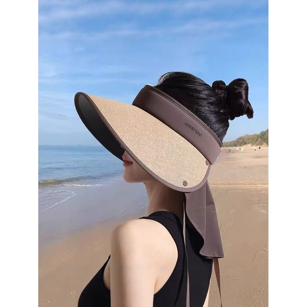 空顶防晒帽女夏防紫外线超大帽檐遮阳帽护颈冰丝披肩遮脸太阳调节