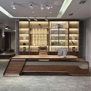 新中式实木老板办公桌现代轻奢黑胡桃高端总裁董事长大班台办公室