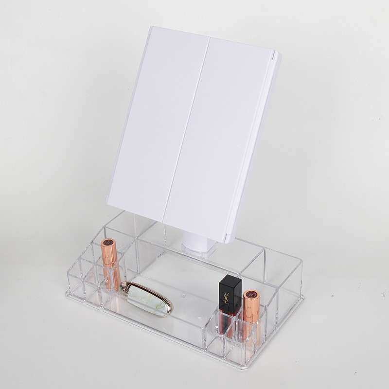 新款灯镜LED三折化妆镜三面折叠镜带收纳篮LED梳妆镜桌面镜子