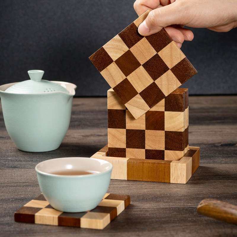 茶杯垫茶道功夫茶具配件茶盘茶桌摆件实木隔热垫棋盘格茶托底托垫