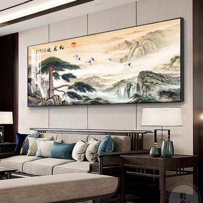 新中式黄山迎客松山水画客厅沙发背景挂画风壁画靠山图装饰画横版