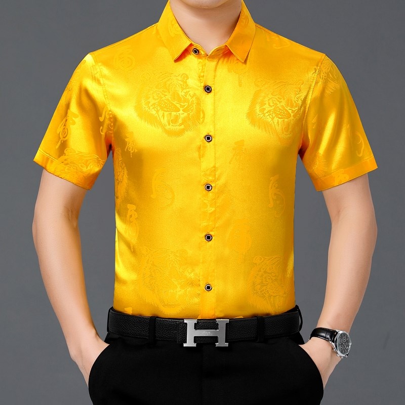 夏季男士绸缎衬衫短袖中老年宽松大码黄色衬衣爸爸装加肥丝绸寸衫