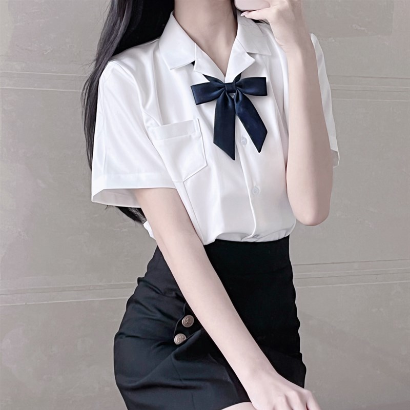 【刺篇】超显瘦~jk韩式制服V领开襟收腰短袖衬衫白衬衣女夏季新款