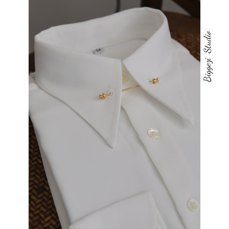 [黑白色]意式复古休闲长袖帝国领个性法式免烫大尖领修身商务衬衫