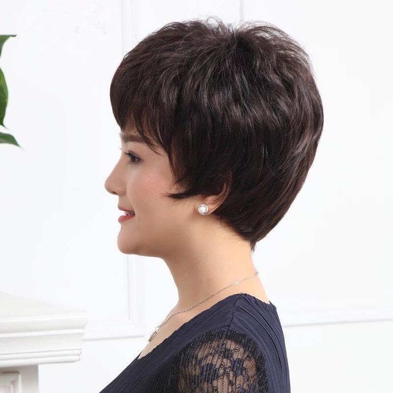 假发女短发真人发丝女士中老年妈妈短直发圆脸自然全头套式夏季款