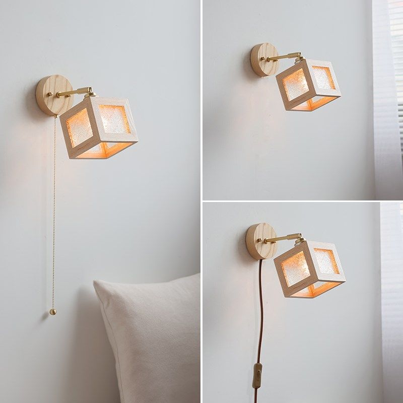 日式白蜡木壁灯原木风床头飘窗民宿酒店带拉绳开关可左右旋转灯具