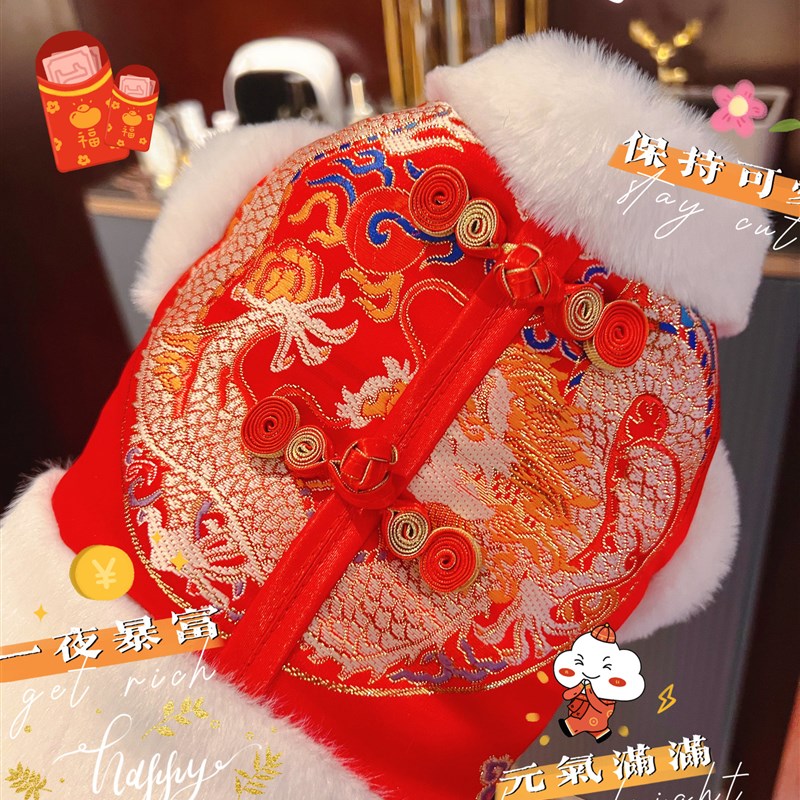 《知喜知岁》龙纹唐装宠物小狗新年衣服喜庆红棉衣冬泰迪比熊红色
