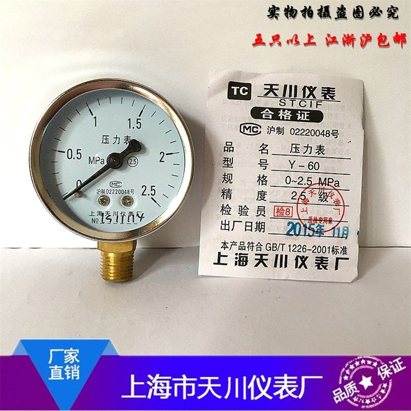 上海天川仪表Y-60压力表径向水压表气压表0-0.6MPA1.0MPA