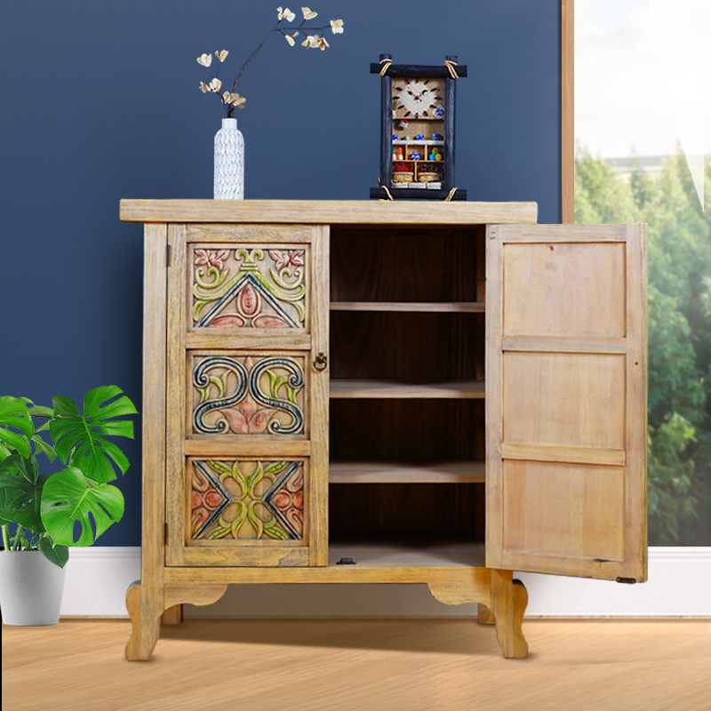新中式古典实木榆木彩绘做旧入户鞋柜储物柜餐边柜手工雕刻玄关柜