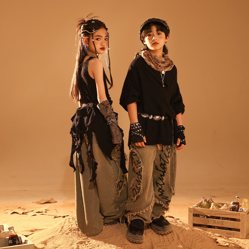 街舞儿童潮服嘻哈童装潮牌废土风男童牛仔裤套装hiphop酷帅演出服