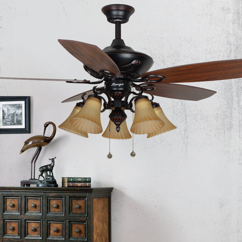 新美式复古吊扇灯欧式仿古木叶电扇灯客厅餐厅风扇灯乡村田园吊灯