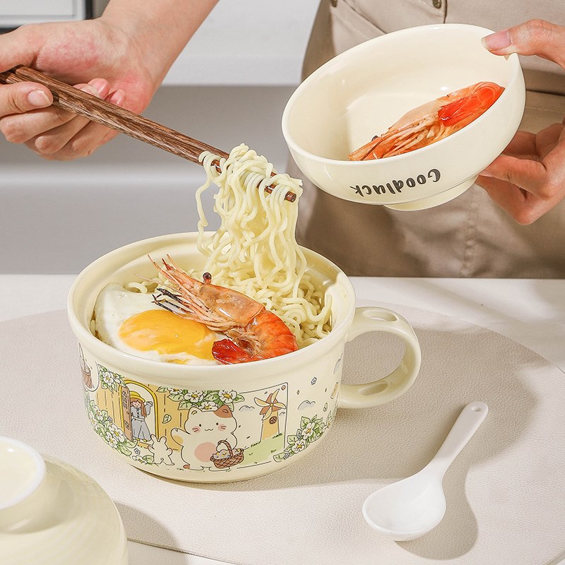 泡面碗学生用宿舍带盖陶瓷碗个人专用饭盒食堂打饭手柄面碗筷套装