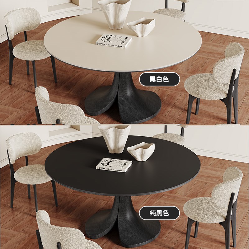 法式复古岩板餐桌圆桌哑光2024新款小户型黑色实木圆形餐桌带转盘