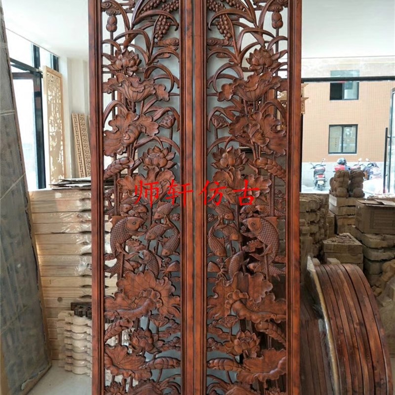 东阳木雕中式装修雕花镂空浮雕玄关隔断屏风双面花板隔断实木定制