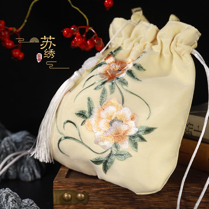 中国风汉服配饰苏绣圆角抽绳手提斜挎包手机包流苏刺绣包出国礼品
