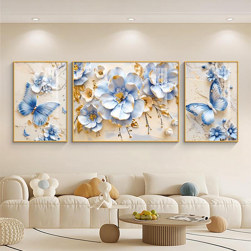 花开富贵客厅装饰画简约大气立体感花卉沙发背景墙挂画新款三联画图片