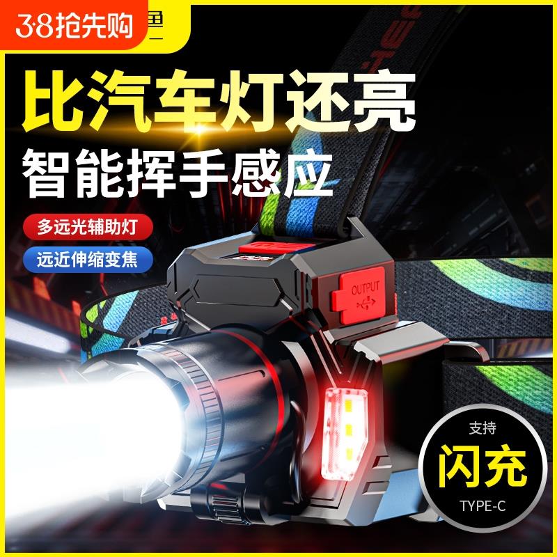 变焦头灯2024新款强光超亮充电超长续航感应户外矿灯头戴式照明灯