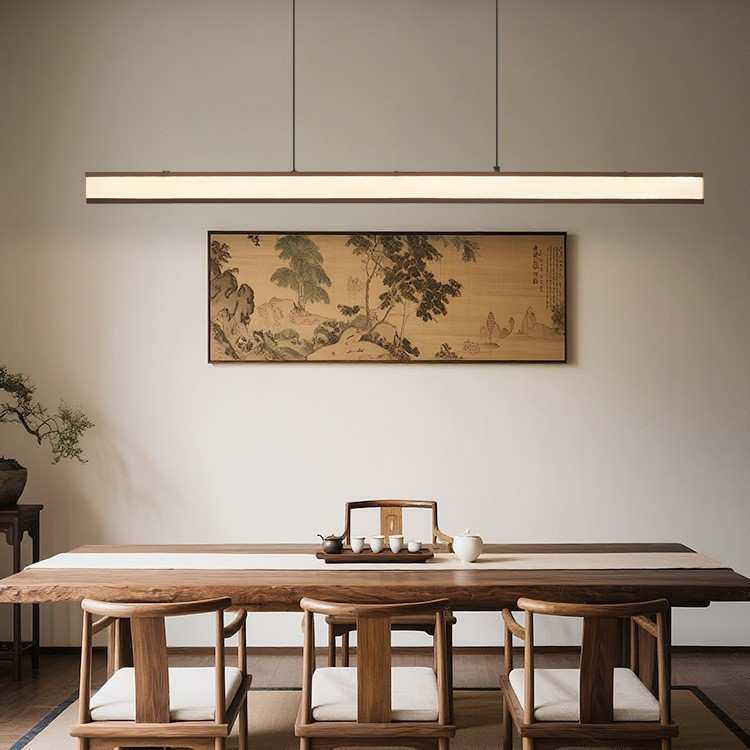 宋氏新品禅意中式吊灯餐厅一字长条胡桃木吧台灯布艺温馨氛围照明