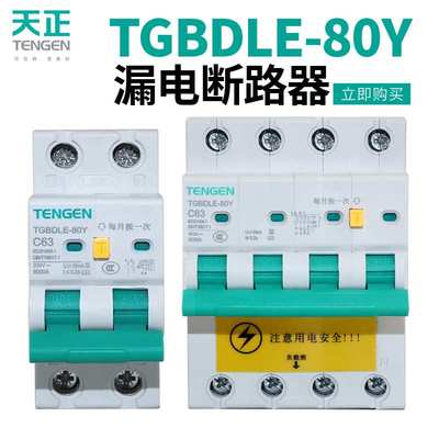 TENGEN天正电气TGBDLE-80Y漏电投入退出断路器2P 63A开关保护器