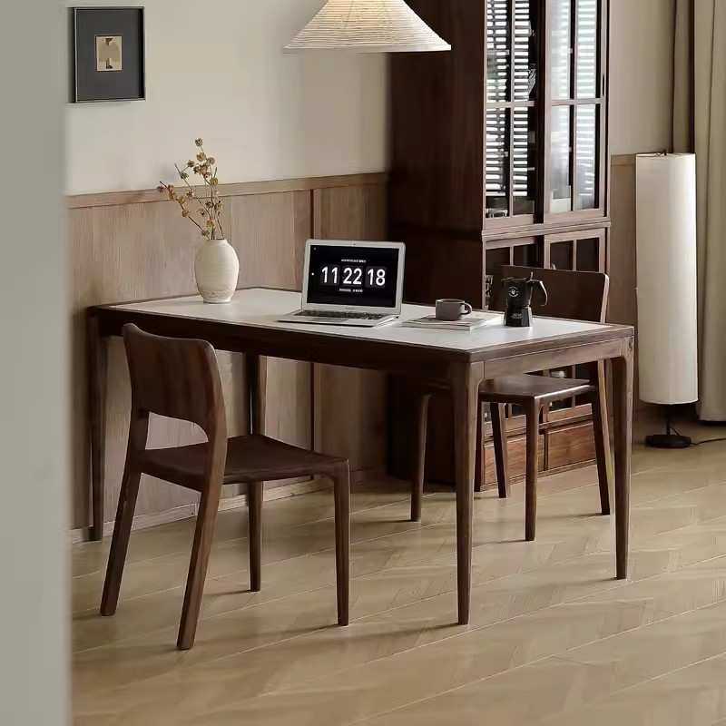 全实木黑胡桃木岩板餐桌椅组合简约家用长方形小户型现代吃饭桌子