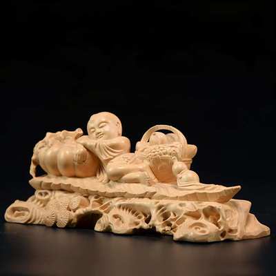 黄杨木雕好年头招财童子大丰收家居家用摆件中国风送礼新中式装饰