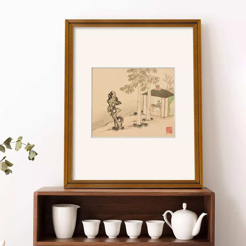 原木风山水画古风日式三联实木框玄关柜书房禅意茶室新中式装饰画