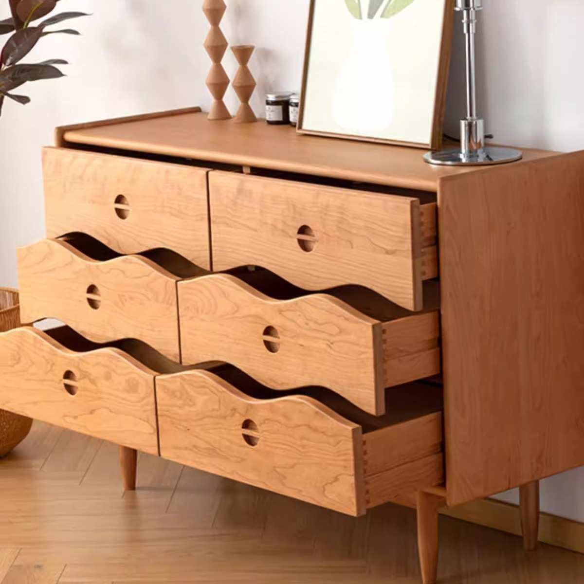 海浪六斗柜北欧橡木日式卧室现代简约家具樱桃木柜斗柜客厅储物柜