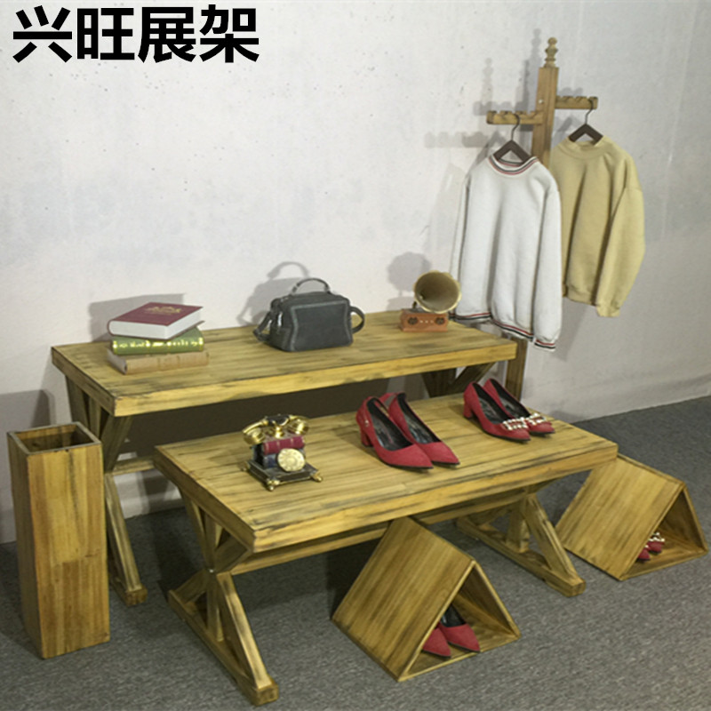 服装店展示架中岛架橱窗实木落地高低流水台展示台复古展示桌地台