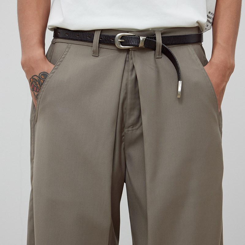 WHIMNOTION 24AW对褶弯刀西裤简约休闲宽松直筒阔腿垂坠抗皱长裤