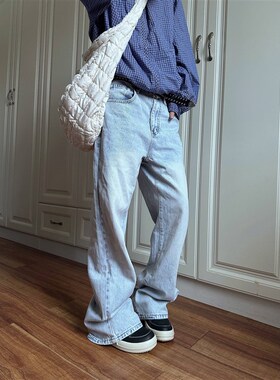 F383 2024美式高街水洗蓝色直筒微喇叭牛仔裤男女潮牌修身百搭裤