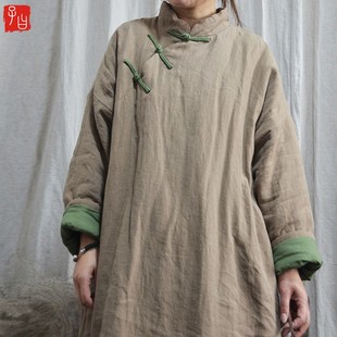 中式手工盘扣苎麻棉袍21秋冬复古立领斜襟夹棉保暖棉衣中长款棉袄