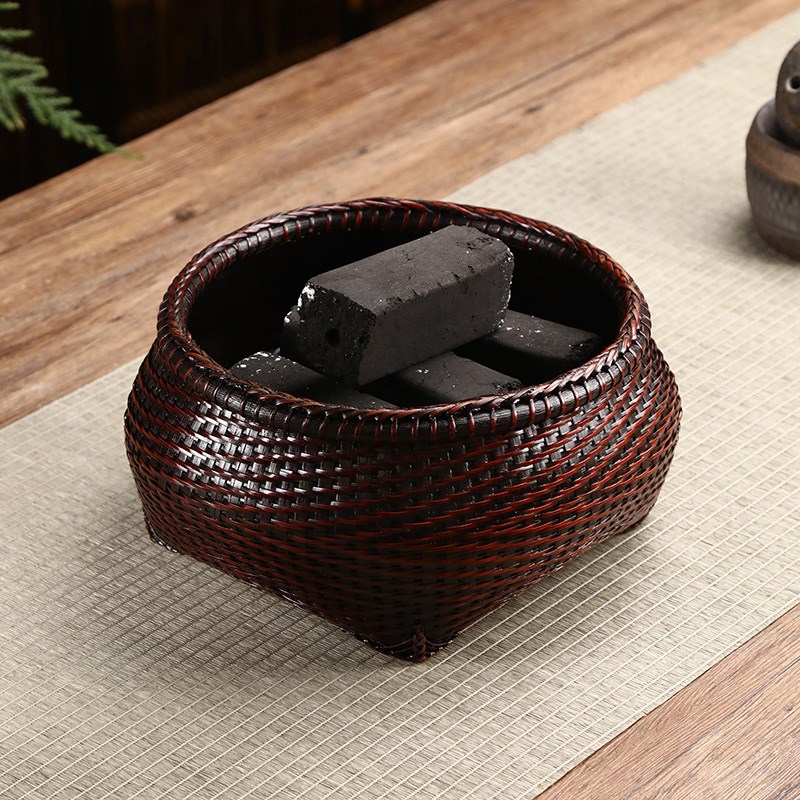 手工竹编碳筐圆形木炭收纳篮碳钵篓复古茶室碳篮围炉煮茶碳炉配件