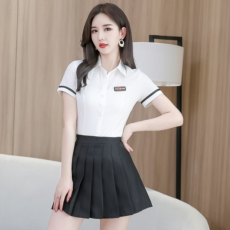 足浴足疗技师工作服减龄气质套装女前台沐足气质高端衬衫百褶裙女