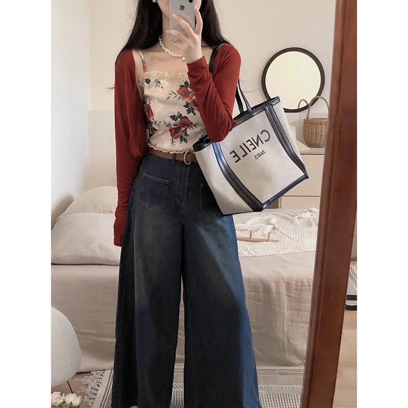 美式复古宽松阔腿牛仔裤女春秋季设计感小众大码胖MM大摆拖地长裤