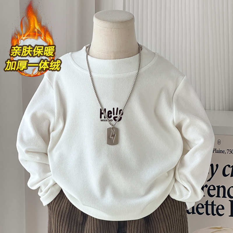 儿童白色加绒打底衫保暖德绒冬装2025新款字母男女童长袖T恤内搭