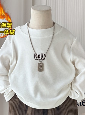 儿童白色加绒打底衫保暖德绒冬装2025新款字母男女童长袖T恤内搭