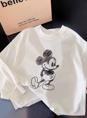 卡通米奇男女童T恤长袖纯棉2025秋季新款白色儿童内搭圆领打底衫