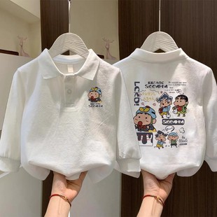 儿童POLO领长袖T恤2025春秋款纯棉男女童百搭白色打底衫童装ins潮