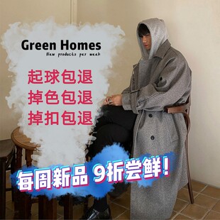 男妮子冬季外套格子大衣长袍外套廓形风衣中性毛呢大衣男中长款