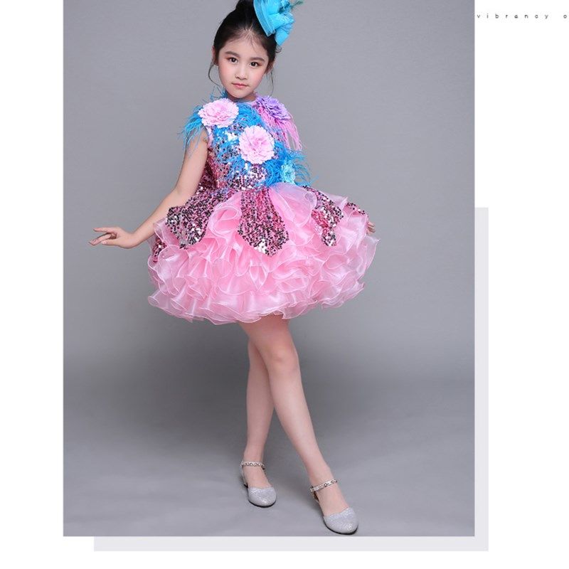 女童粉色表演礼服走秀演出公主裙儿童主持人演出唱歌朗诵冬晚礼服